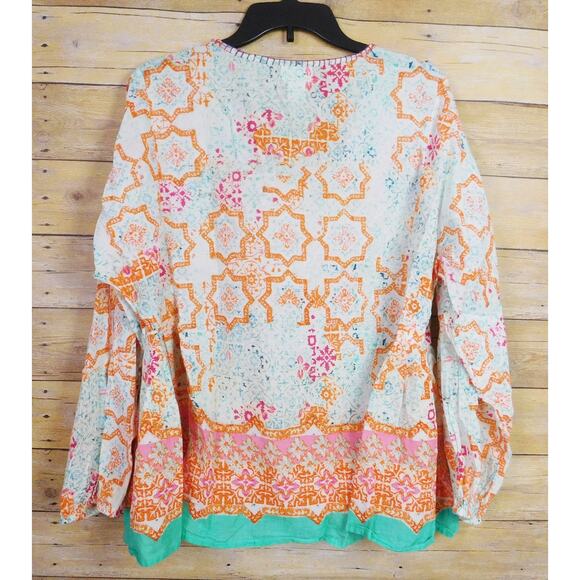 Sigrid Olsen Shirt XL Long Sleeve White Orange Paisley Round Neck Babydoll Boho - Picture 5 of 8